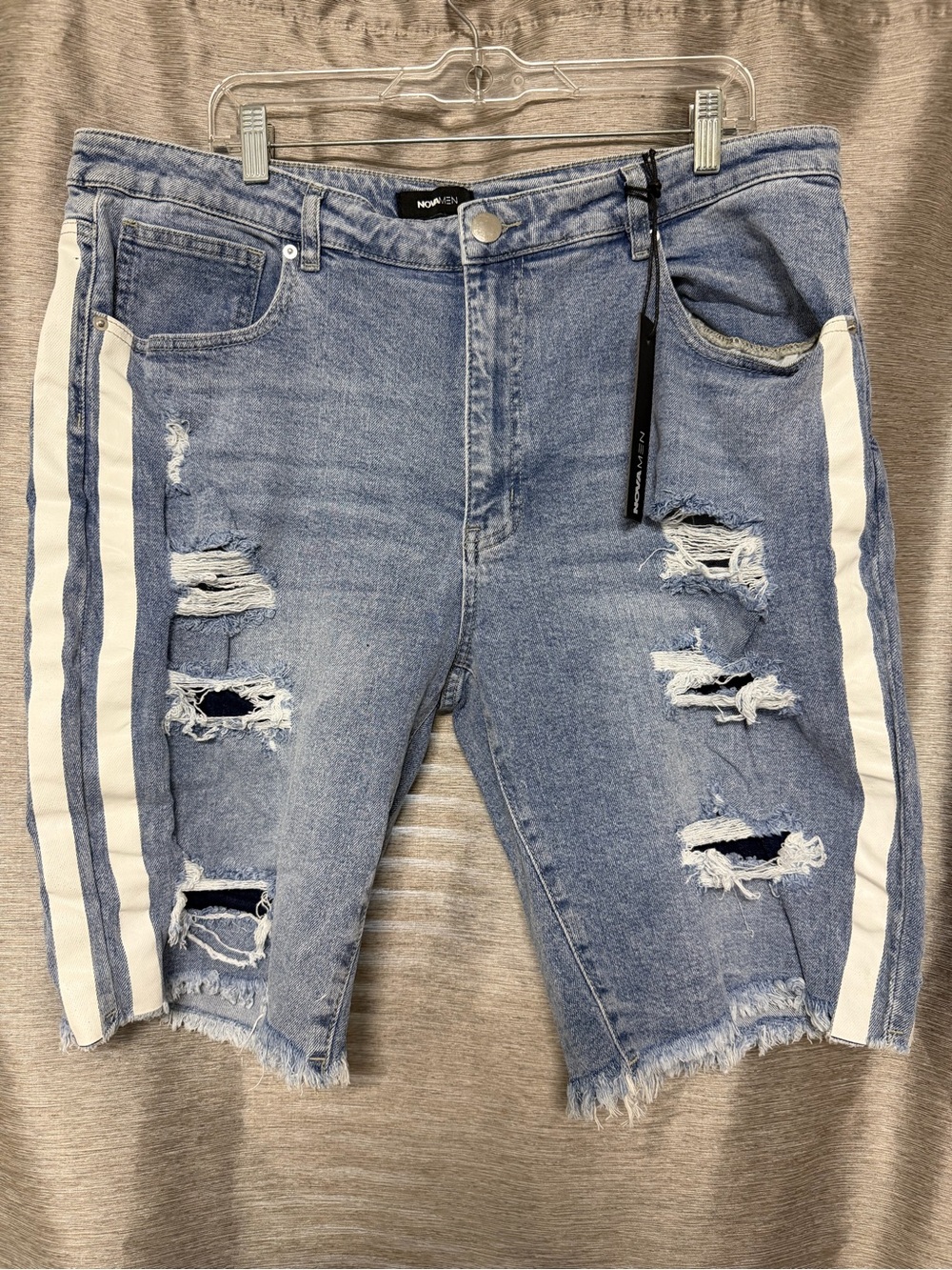 Light Blue Distressed Denim Shorts with White Side Stripes